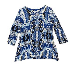 Chicos Shirt Womens‎ 1 US Medium Blue Black Geometric Print Knit Tee 3/4 Sleeve